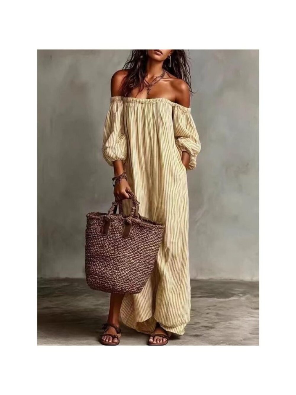 Full Size Off-Shoulder Striped Maxi Dress with Puff Sleeves Plus Size